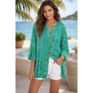 Bob Mackie Wearable Art colorful Linen tunic XL gold buttons vacation cruise